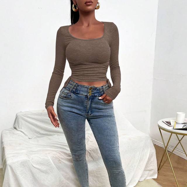 RueChic Women Solid Color Round Neck Long Sleeve Side Drawstring Ribbed Casual T-Shirt, Autumn
