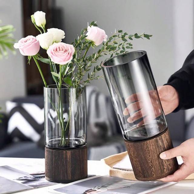 SHEIN 1pc 11.8 X 3.9 Inch Luxury Minimalist Retro Round Wooden Base Acrylic Flower Vase, Creative Natural Color Hydroponic Fresh Flower Rose Decor For Livin