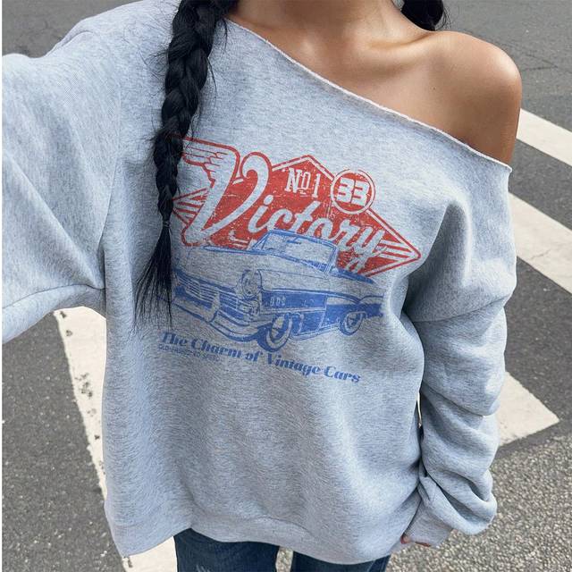 SHEIN Women&#39;s Vintage Car Print Off Shoulder Loose Casual Long Sleeve Thin Sweatshirt