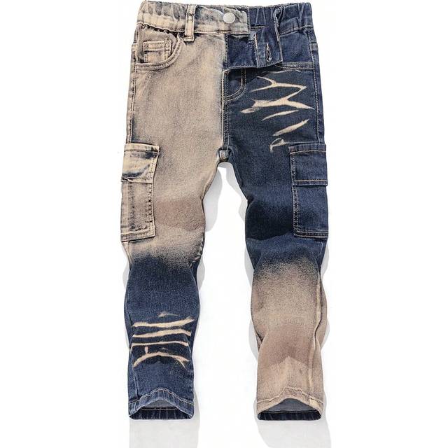 SHEIN Young Boys Street Cool Retro Distressed Vintage Washed High Stretch Skinny Blue & Yellow Denim Cargo Pants With Pocket,Casual And Versatile For Young