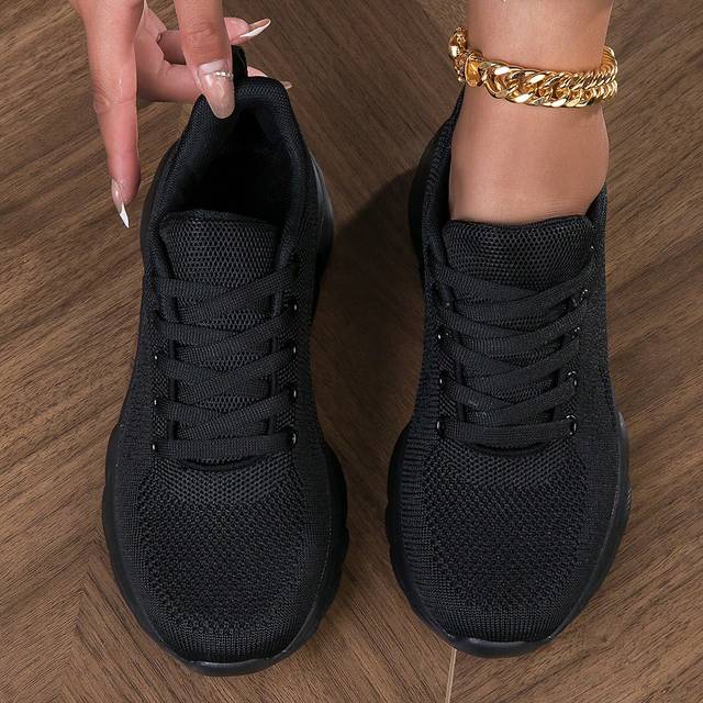 SHEIN Lightweight, Breathable All-Black Running Sneakers For Women, Casual Workout Shoes For Work, Walking, Jogging, Soft Sole & Comfortable Outsole, Unisex