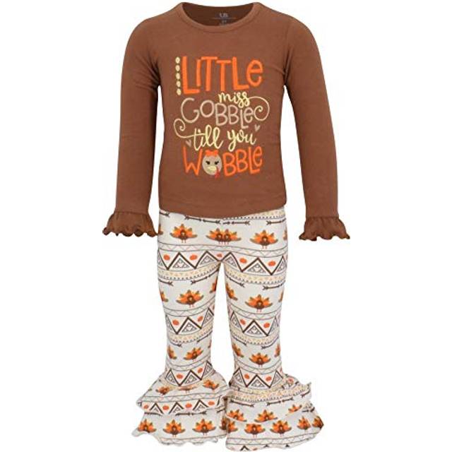 Unique Baby 2 Piece Girls Double Ruffle Leggings and Long Sleeve Shirt Clothes Set Kid and Toddler Girl Thanksgiving Outfit (2 Years  Brown & Orange)
