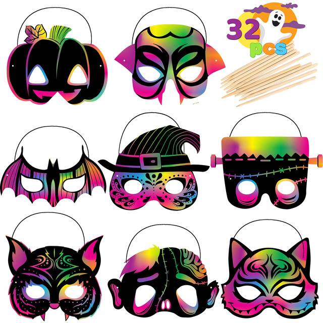 32 Pcs Halloween Scratch Masks Set with 8 Designs for Arts and Crafts, Activity Book, Trick-or-Treat, Halloween Party Favors, Halloween Event Party