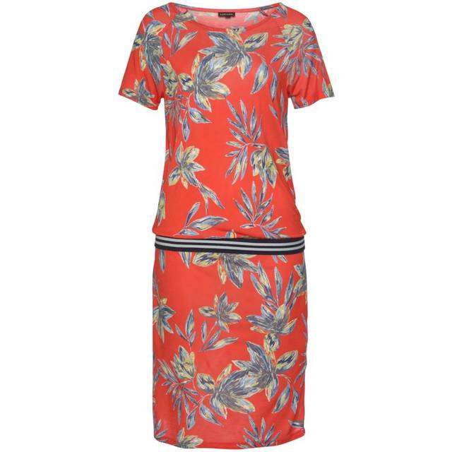 LASCANA Leaf Print Short Sleeve Jersey Dress - Red Print