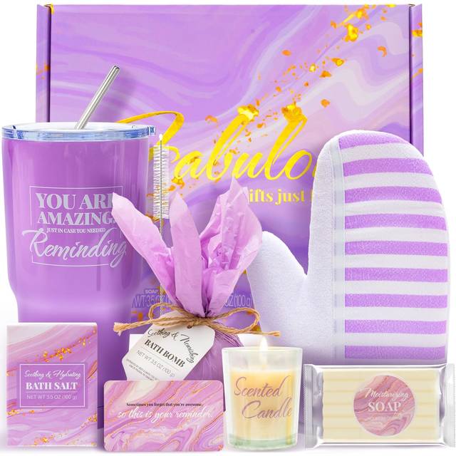 Bath Sets for Women BODY & EARTH Gifts Baskets for Women 8pcs Lavender Bath and Body Sets with 20oz Vacuum Insulated Tumbler Birthday Mothers Day Gift