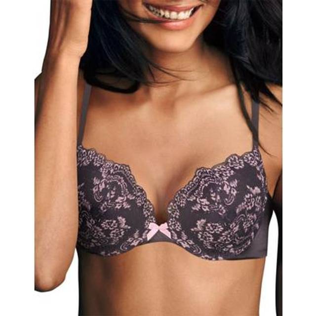 Maidenform Underwire Demi Bra  Best Push-Up Bra with Wonderbra Technology  Smoothing Lace-Trim Bra with Push-Up Cups  Rising Smoke/Gentle Peach  34B