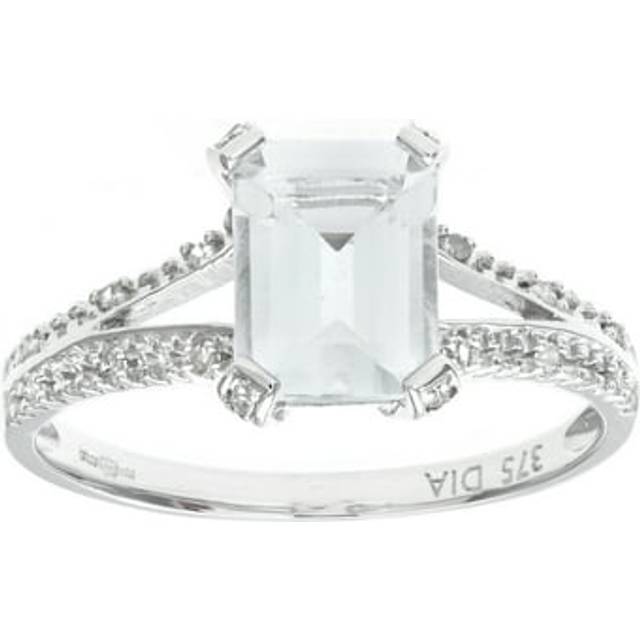 (O) Jewelco London 9ct White Gold Emerald Cut Aquamarine Ring With Diamond Shoulders - PR0AXL7262WAQ
