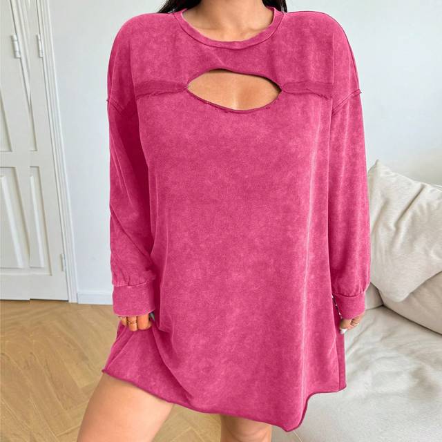 SHEIN Valentine&#39;s Day,Plus Size Vintage Bleached Acetate Maxi T-Shirt Dress, Front Hollow Neck Design, Autumn/Winter