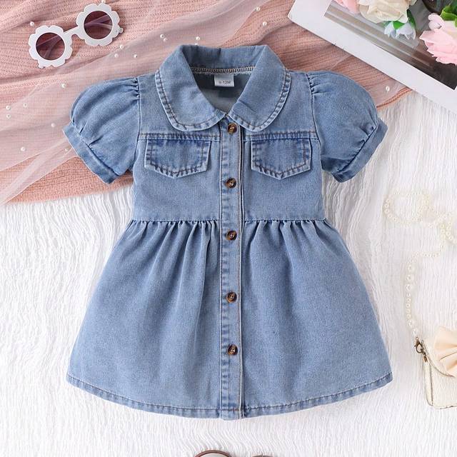 SHEIN Baby Girl Casual Button Front Puff Sleeve Denim Dress, Daily Wear/Festival/Party Dress, As Gift