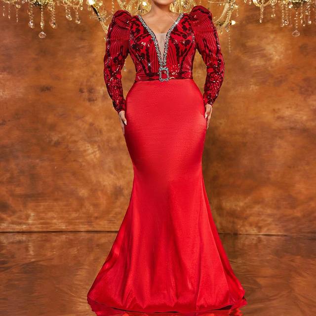 Glamrae Plus Size Formal Evening Gown With Sequin Patchwork, Chain Decor & Puff Sleeves, Wedding Guest Dress