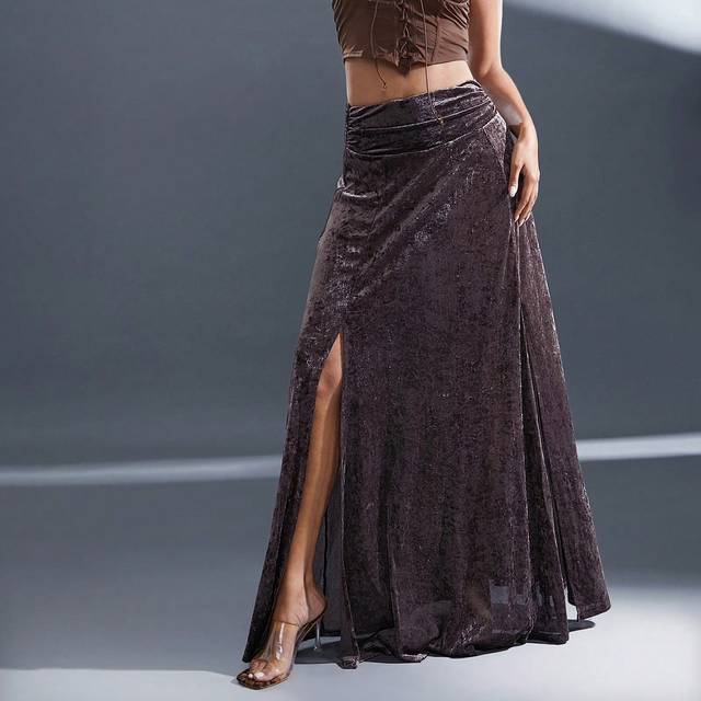 Hauture Velvet Double Slit Flowy Sexy Elegant Maxi Skirt, Winter Clothes For Women