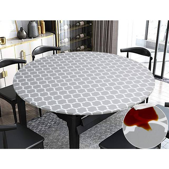 Rally Home Goods Indoor Outdoor Patio Round Fitted Vinyl Tablecloth  Flannel Backing  Elastic Edge  Waterproof Wipeable Plastic Cover  Gray Moroccan T