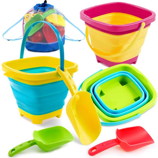Sloosh 3 Kids Beach Toys Collapsible Bucket and Spade Sets for Toddlers with 3 Shovels, Sand Bucket Party in Summer Foldable Bucket Silicone for