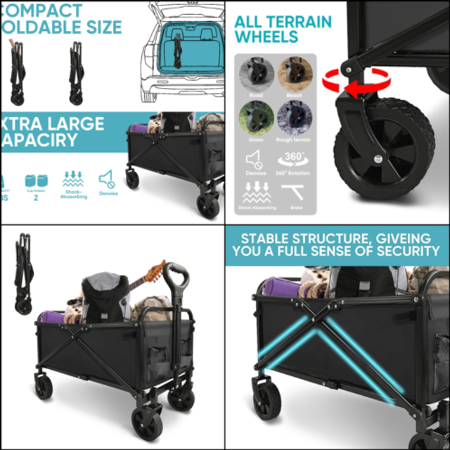 Collapsible Foldable Wagon  Beach Cart Large Capacity  Heavy Duty Folding Wagon Portable  for Outdoor Sports  Shopping  Camping  Black