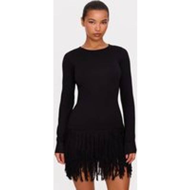 Black Fine Knit Fringe Hem Long Sleeve Micro Mini Dress, Black - XS