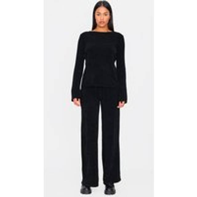 Tall Black Soft Textured Knit Drawstring Wide Leg Trousers, Black - XS