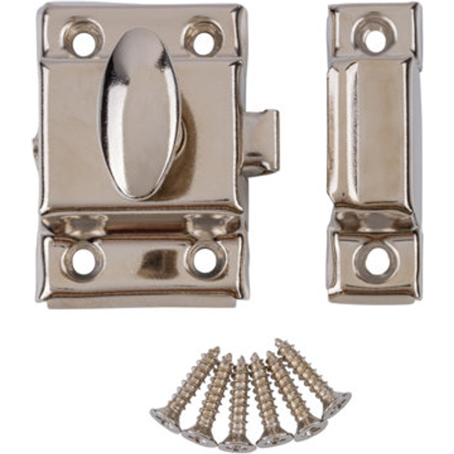 Small Stamped Nickel Plated Cabinet Door Latch - 1 7/8 ? 1 7/8 - Spring Loaded Cupboard Door Latch with Oval Turn - Vintage Cabinet Hardware | UA-141-