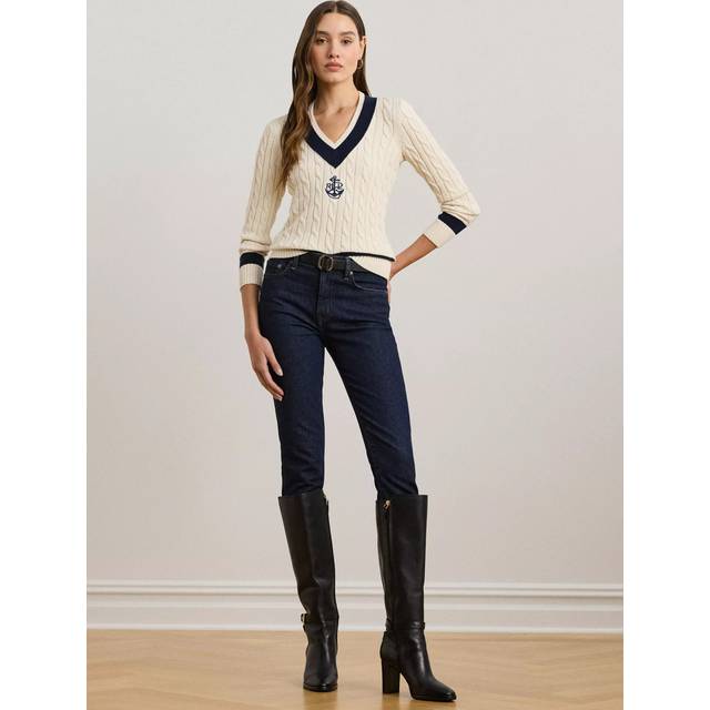 Lauren Ralph Lauren Meren Cable Knit V-Neck Jumper, Cream/Navy