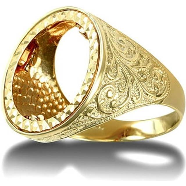 (U) Jewelco London Men's Solid 9ct Yellow Gold Floral Engraved Full Sovereign Mount Ring - JRN185-F