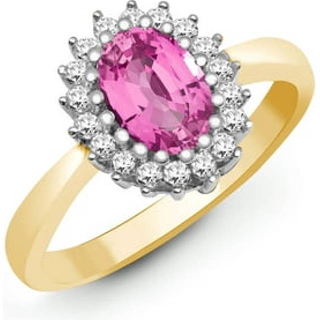 (J) Jewelco London 9ct Yellow Gold H I2 0.23ct Diamond and Oval Pink 1.06ct Sapphire Classic Royal Cluster Ring 11mm