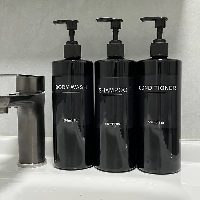 TEMU 3-piece Refillable Pump Dispenser Set For Bathroom Shampoo And Conditioner - Leakproof, Waterproof Label Included, Plastic, Unscented, Material