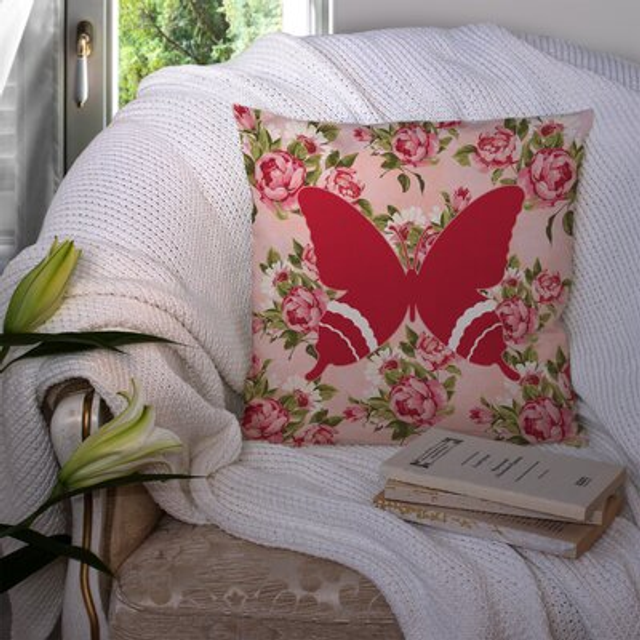 Caroline's Treasures BB1034-RS-PK-PW1414 Butterfly Shabby Chic Pink Roses Pillow  14 x 14  Multicolor