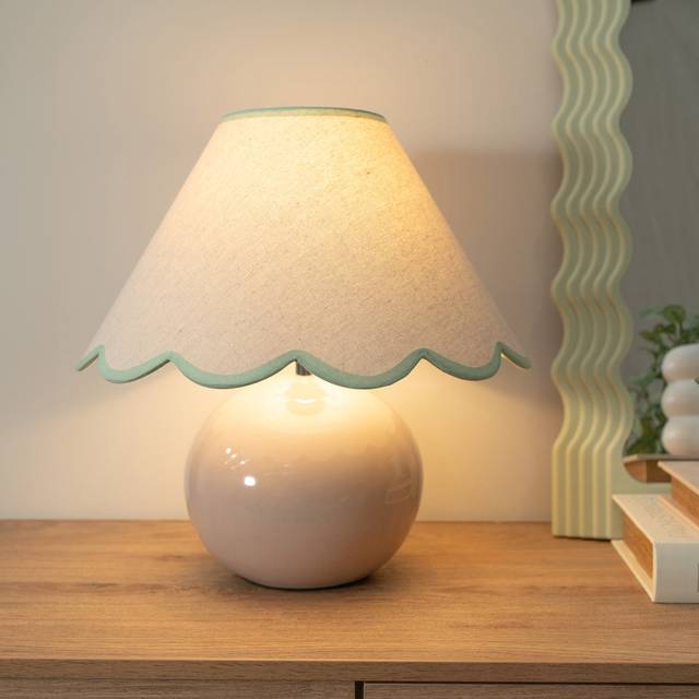Valuelights - Bosco Stone Natural Ceramic Table Lamp with Green Trim Scallop Shade