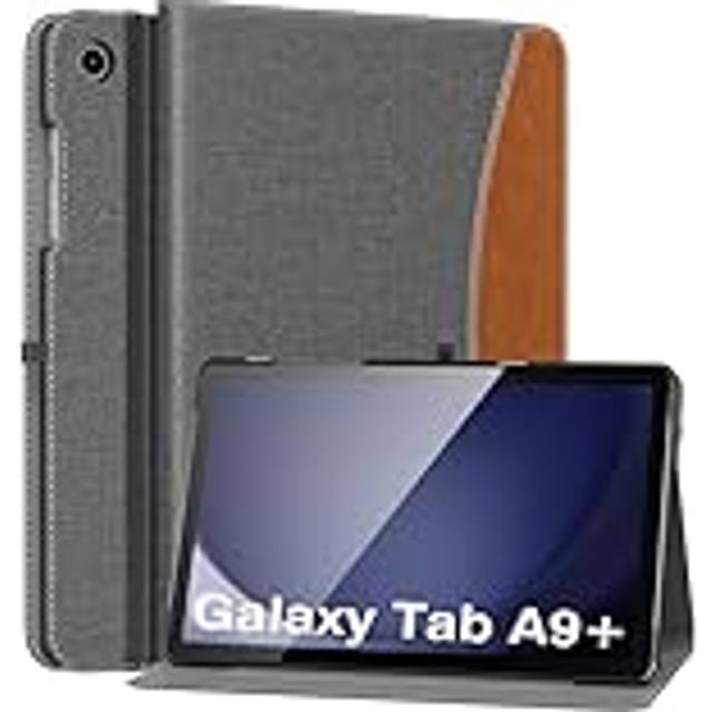 MoKo Case for Samsung Galaxy Tab A9 Plus 11" 2023 (SM-X210/SM-X216/SM-X218), PU Leather Multi-Angle Viewing Folding Stand Cover Case with Hand Strap, Front Pocket, Auto Wake/Sleep, Denim Grey & Brown