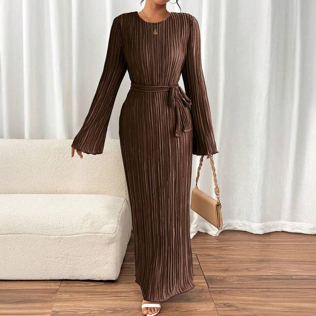 Chiquease Women Pleated Luxury Solid Round Neck Long Sleeve Elegant Evening Dress