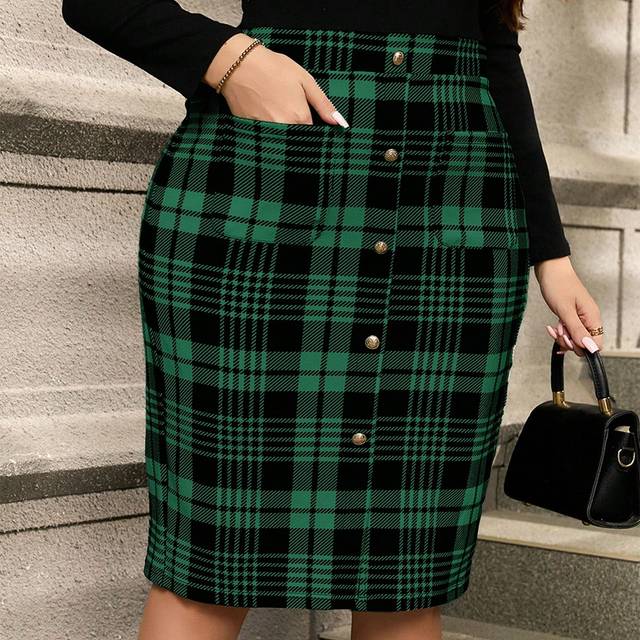 SHEIN Plus Size Casual Plaid Print Front Button Fitted Skirt, Autumn/Winter