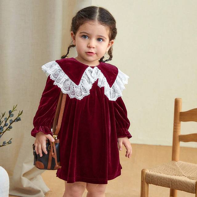 SHEIN LMoss Baby Girls Autumn Elegant Stretchy Velvet & Contrast Lace Peter Pan Collar Dress For Christmas