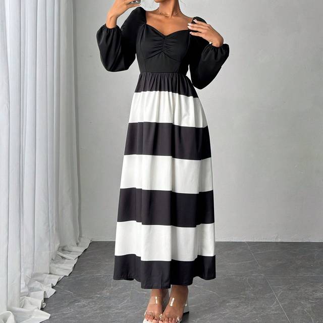 Rafferiza Women&#39;s Casual Elegant Black And White Striped Splice Maxi Long Dress, Autumn/Winter