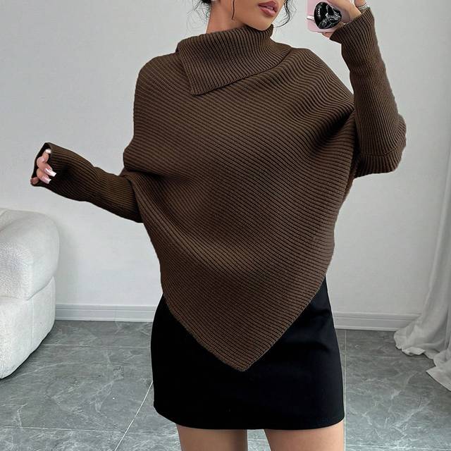 Elenzga Women Versatile Solid Color High Neck Asymmetrical Batwing Hem Classic Knitted Top, Holiday & Vacation Wear  Fall Winter Outfit
