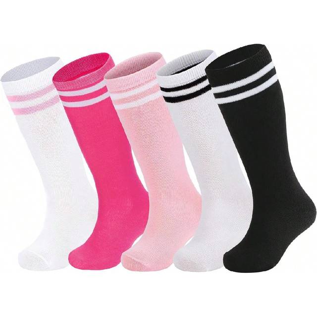 SHEIN 5 Pairs Kids Toddler Soccer Socks Boys Girls Knee High Striped Tube Socks Athletic Long Socks For Boys Girls