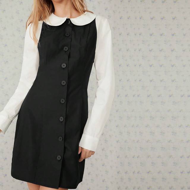 Easelle Women&#39;s Peter Pan Collar Long Sleeve Shirt Style Fitted Short Dress