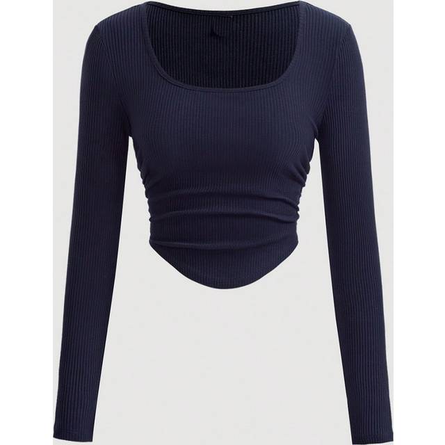 SHEIN Teen Girl Square Neck Cinched Waist Fitted T-Shirt, Casual T-Shirt, Back To School Tee, Navy Blue