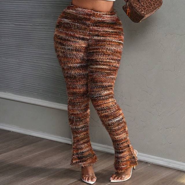 Slaydiva Casual Home Elastic Waist Textured Flare Leg Pants With Slit Hem