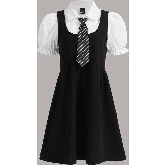 SHEIN Teen Girls Puff Sleeve Blouse & Pinafore Dress