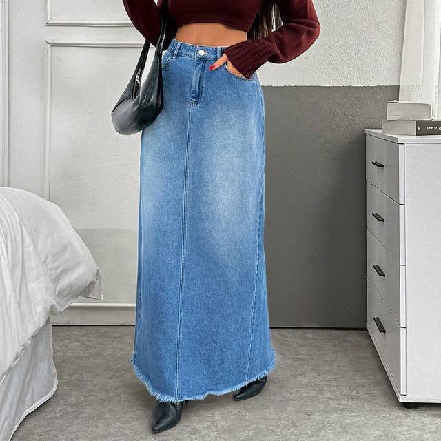 SHEIN Low Waist Back Slit Long Denim Skirt
