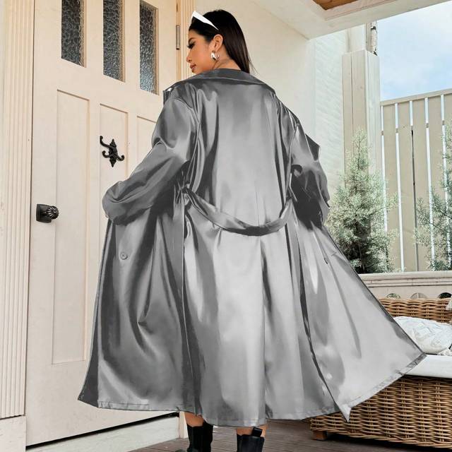 Flirla Plus Size Women&#39;s Solid Color Notch Collar Long Sleeve Long Casual Trench Coat, Autumn