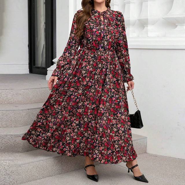 SHEIN Plus Size Women Fall Ditsy Floral Long Sleeve Cinched Waist Dress, Suitable For Teachers,Beach Dress Sundress,Holiday Outfits Boho