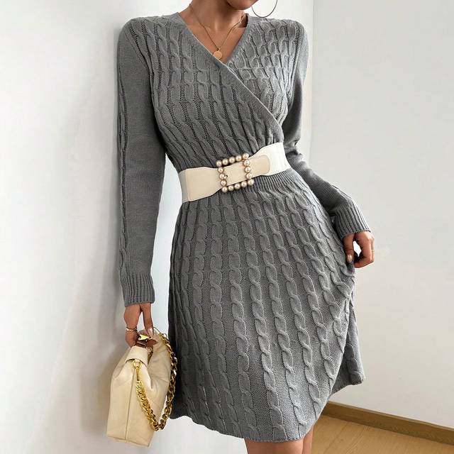 Rafferiza Ladies&#39; Long Sleeve Twist Rope Waist Cinching Elegant Party Knit Sweater Dress, Autumn/Winter