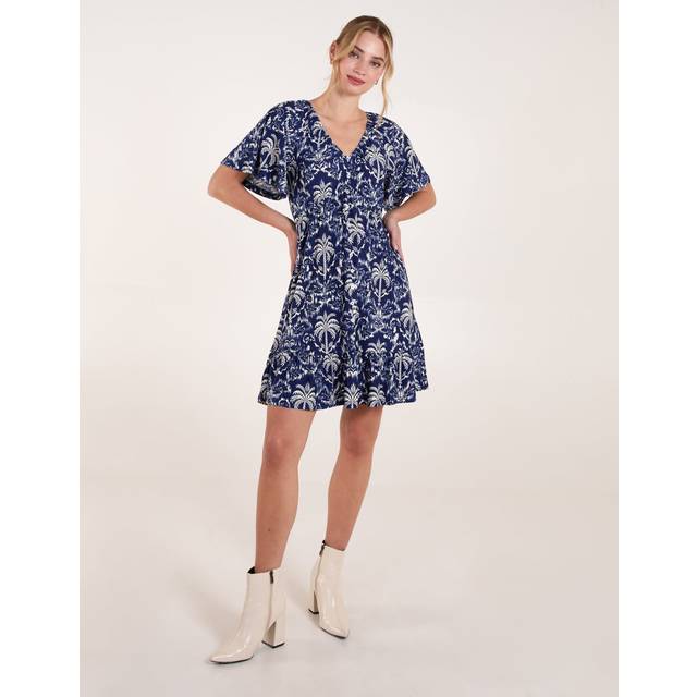Blue Vanilla Navy Button Through Elastic Waist Tropical Mini Dress - s/m