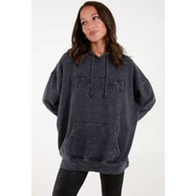 New York Logo Acid Wash Hoodie - Charcoal - One Size - Blue Vanilla
