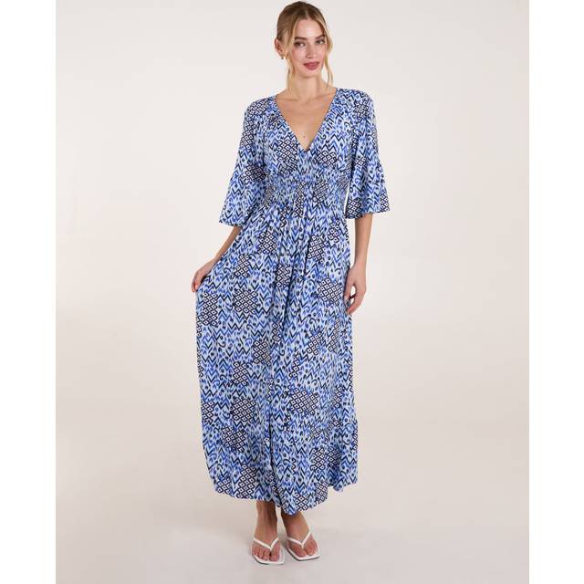 Blue Vanilla Blue Abstract Elasticated Neck Shirred Waist Maxi Dress - s/m