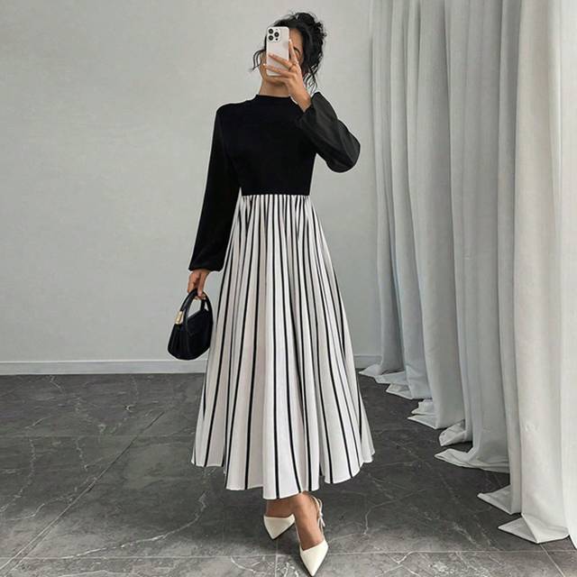 Rafferiza Women&#39;s Elegant Stand Collar Long Sleeve Splice Black & White Striped Ruffle Hem Dress Maxi Women Outfit