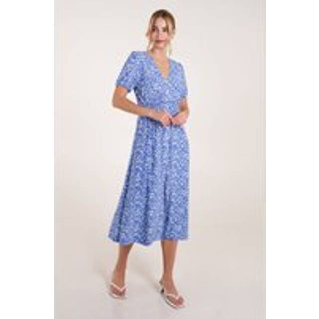 Short Sleeve Button Front Split Front Midi Dress - L/XL / BRIGHT BLUE