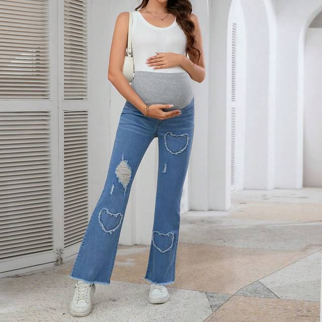SHEIN Pregnant Women Elastic Distressed Fringe Hem Casual Flare Leg Jeans