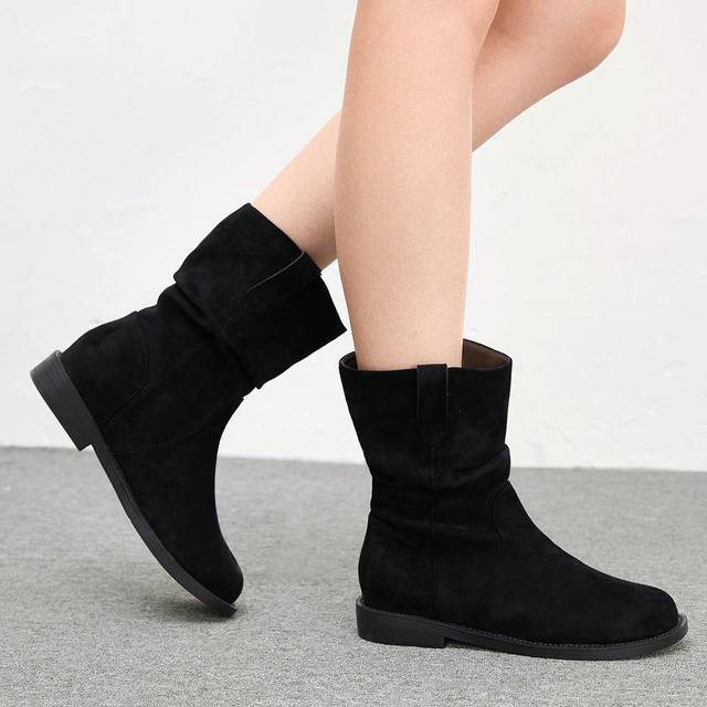 Cuccoo Black Faux Suede Comfortable Platform Ankle Boots, Slip-On Style For Women