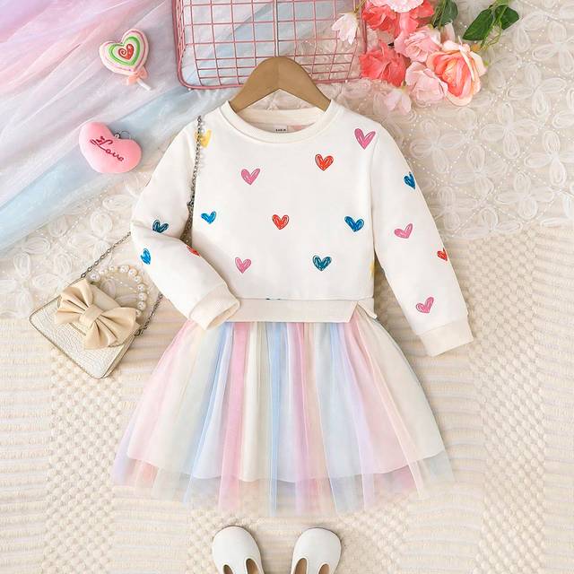 SHEIN Young Girls Casual Unicorn Print Mesh Contrast Long Sleeve Dress, For Autumn